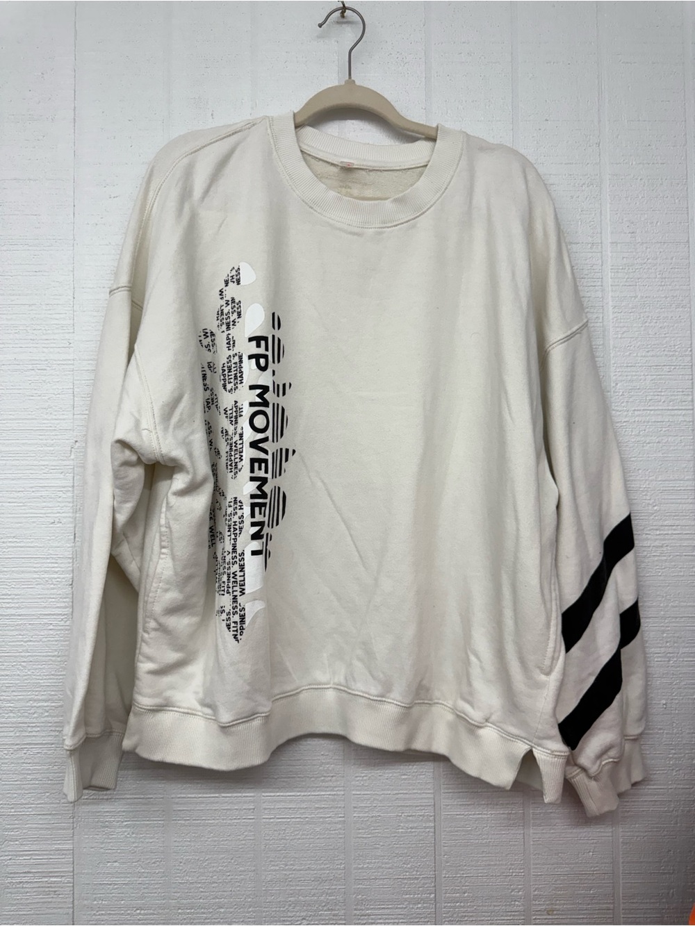 Free People Cream Crewneck Sweatshirt with Black Graphic Stripes